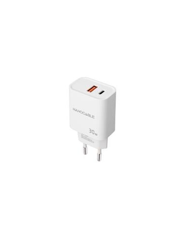 ADAPTADOR NANO CABLE CARGADOR USB-C + USB-A QC 30W 3A BLANCO