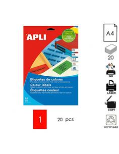 ETIQUETA APLI ILC A4 210x297mm 20H ROJO