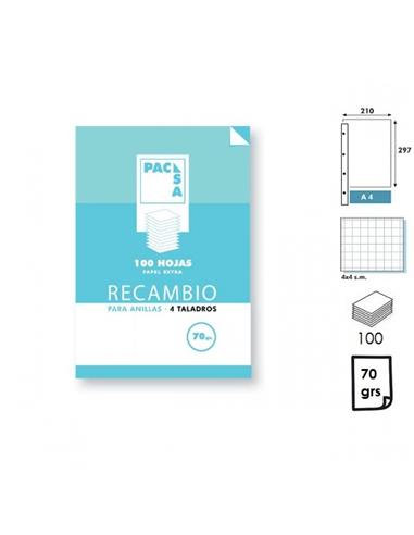RECAMBIO PACSA 4 ANILLAS A4 CUADRO 4mm 100H