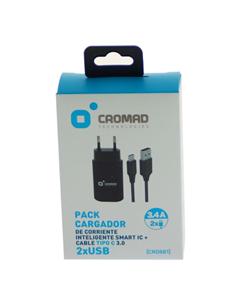 CARGADOR CROMAD USB 3.4A + CABLE USB-C 3.0. NEGRO